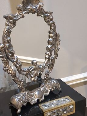 Vintage Ornate Silver Plated Vanity Mirror - Decorative Home Bath Accent